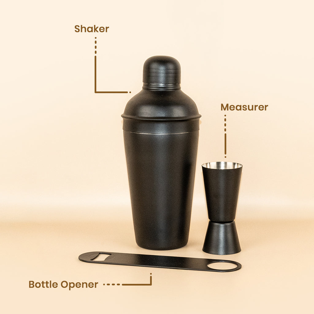 Stainless Steel Cocktail Shaker Bar Set of 3 | Matte Black Shaker, Peg Measure & Bottle Opener