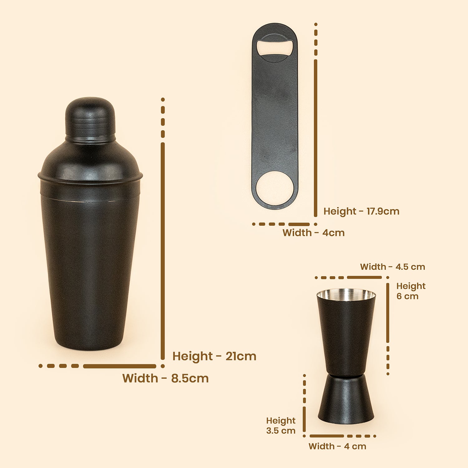 Stainless Steel Cocktail Shaker Bar Set of 3 | Matte Black Shaker, Peg Measure & Bottle Opener