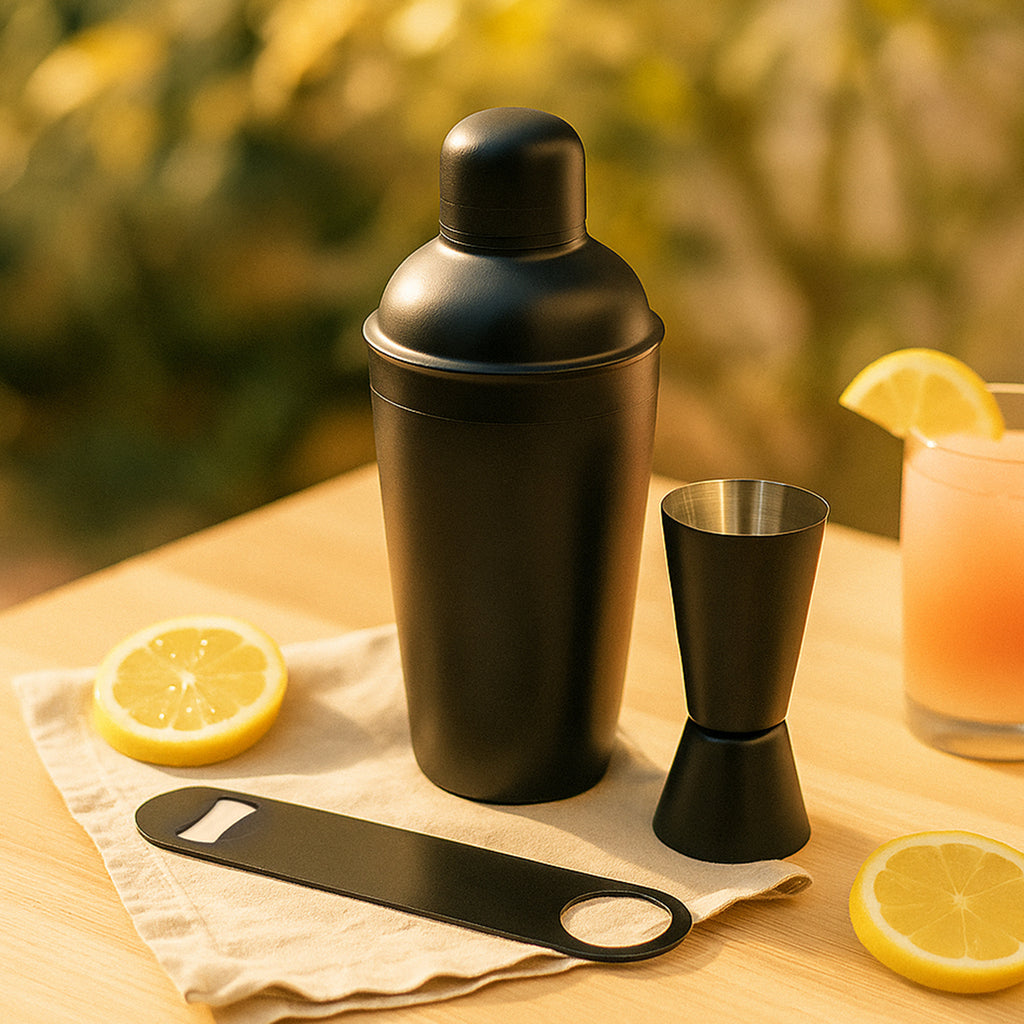 Stainless Steel Cocktail Shaker Bar Set of 3 | Matte Black Shaker, Peg Measure & Bottle Opener