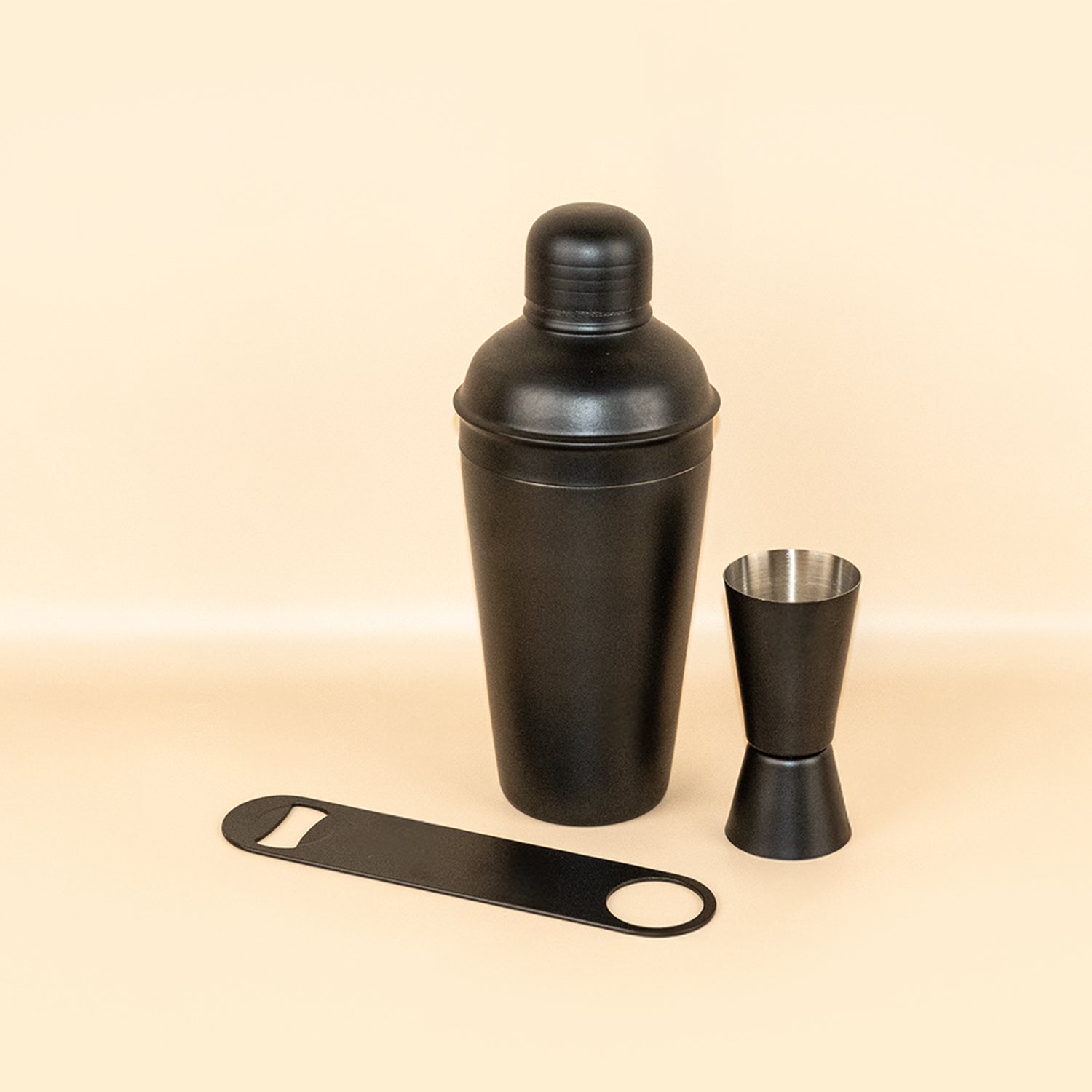Stainless Steel Cocktail Shaker Bar Set of 3 | Matte Black Shaker, Peg Measure & Bottle Opener