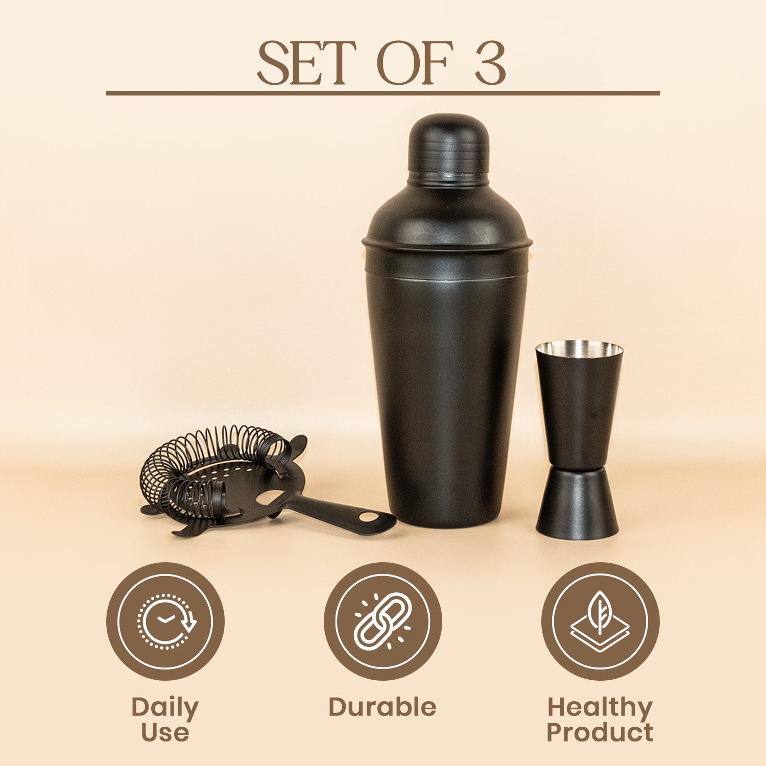 Stainless Steel Cocktail Shaker Bar Set of 3 | Matte Black Shaker, Peg Measure & Prong Strainer