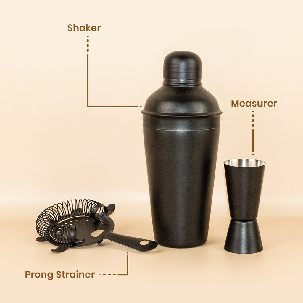 Stainless Steel Cocktail Shaker Bar Set of 3 | Matte Black Shaker, Peg Measure & Prong Strainer