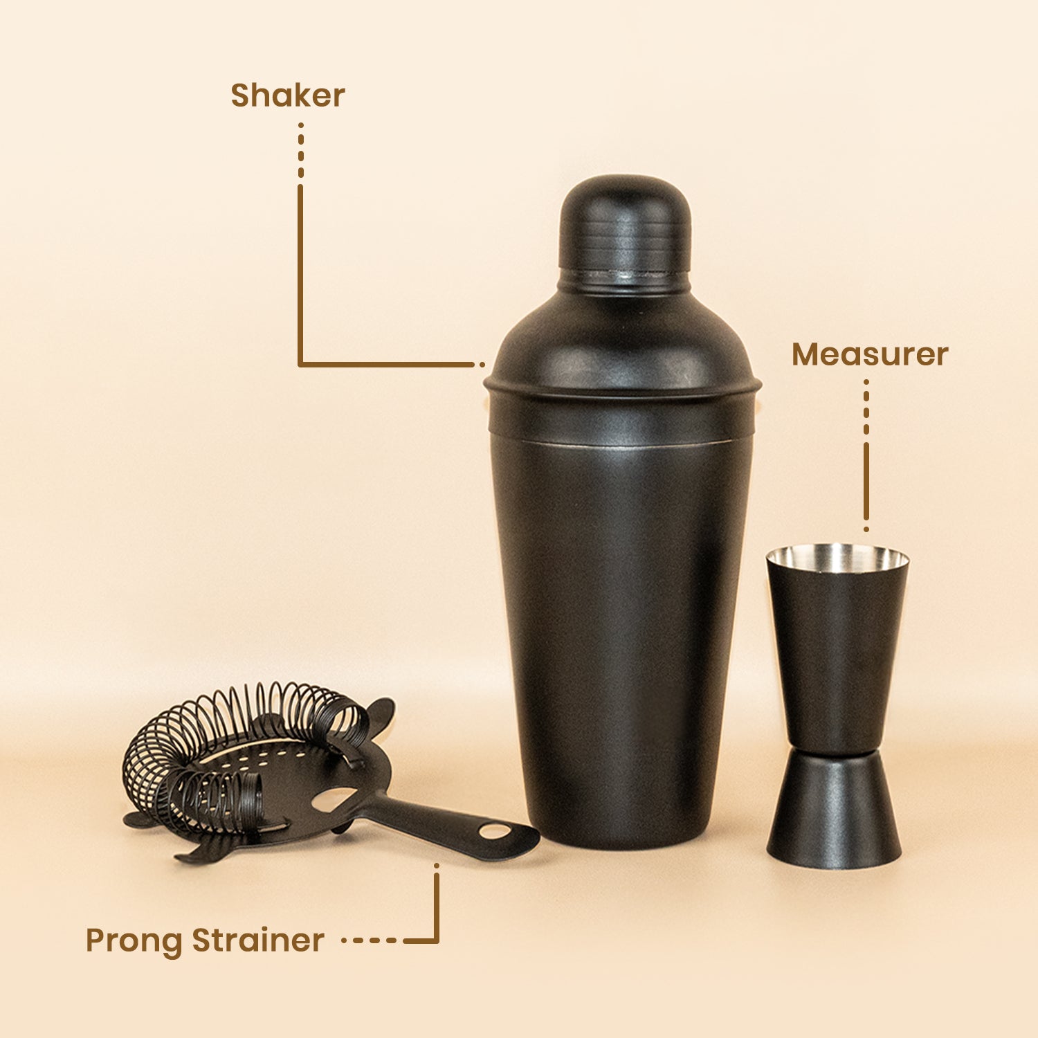 Stainless Steel Cocktail Shaker Bar Set of 3 | Matte Black Shaker, Peg Measure & Prong Strainer