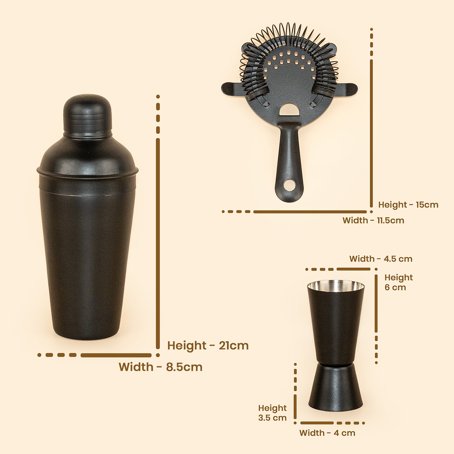 Stainless Steel Cocktail Shaker Bar Set of 3 | Matte Black Shaker, Peg Measure & Prong Strainer