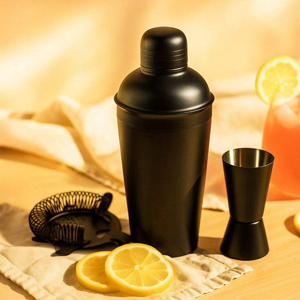 Stainless Steel Cocktail Shaker Bar Set of 3 | Matte Black Shaker, Peg Measure & Prong Strainer