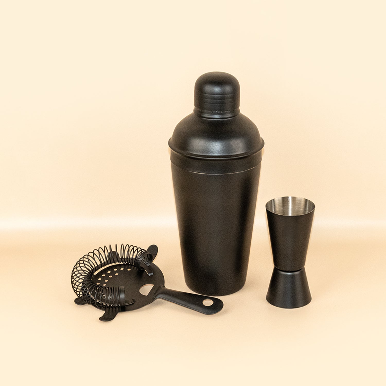 Stainless Steel Cocktail Shaker Bar Set of 3 | Matte Black Shaker, Peg Measure & Prong Strainer