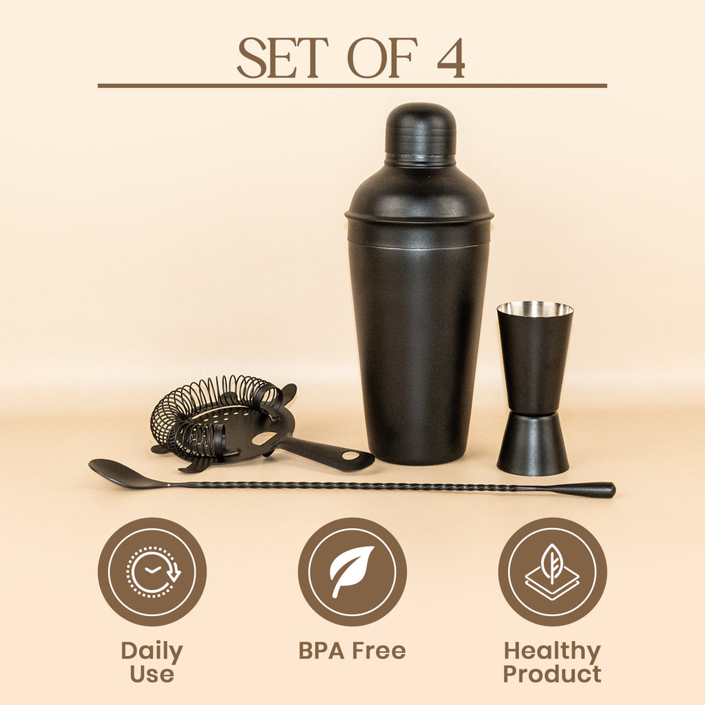 Professional 4-Piece Matte Black Cocktail Shaker Set | Premium Stainless Steel Bar Tool Kit