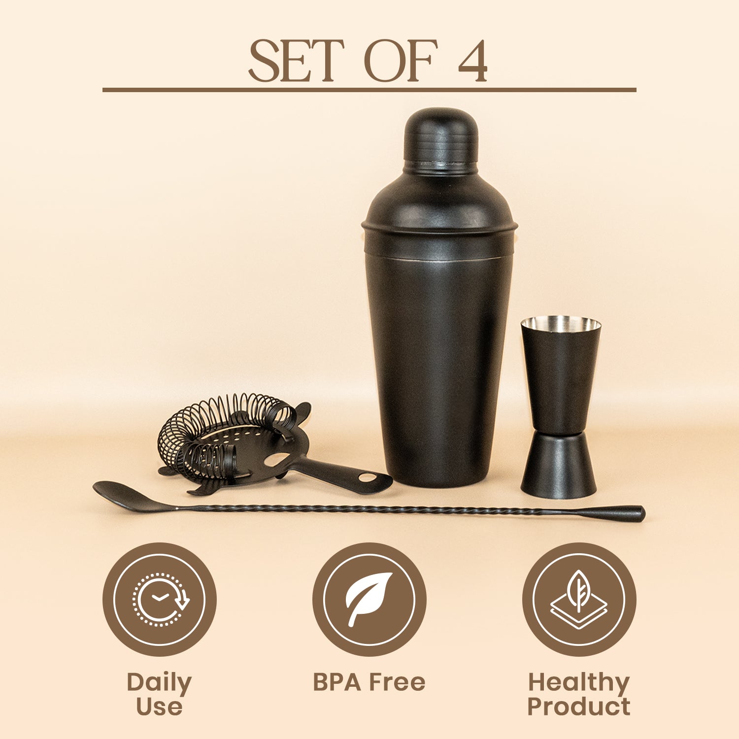 Professional 4-Piece Matte Black Cocktail Shaker Set | Premium Stainless Steel Bar Tool Kit