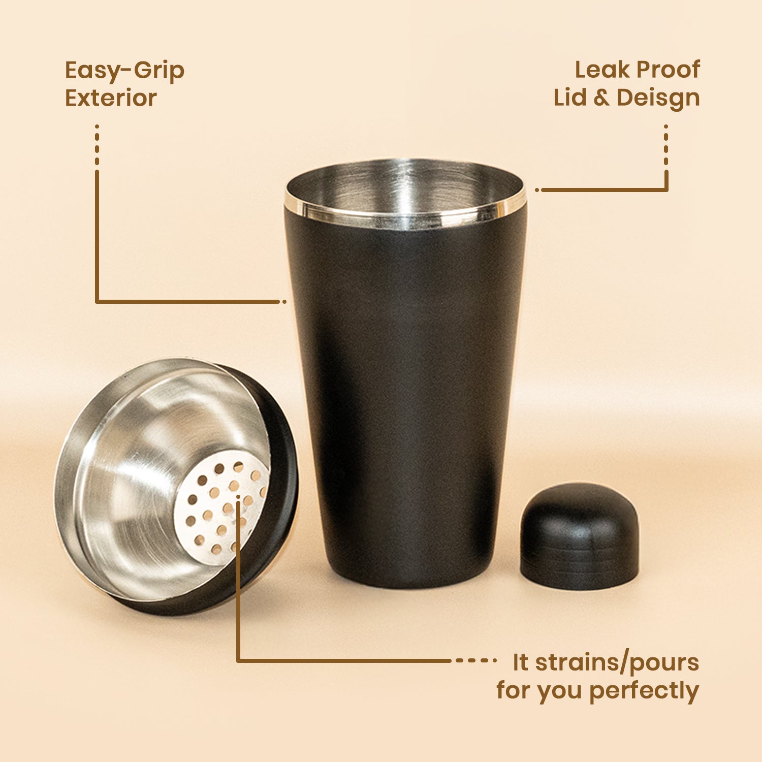 Matte Black Professional Cocktail Shaker – 21cm Height, Leak-Proof Design 4