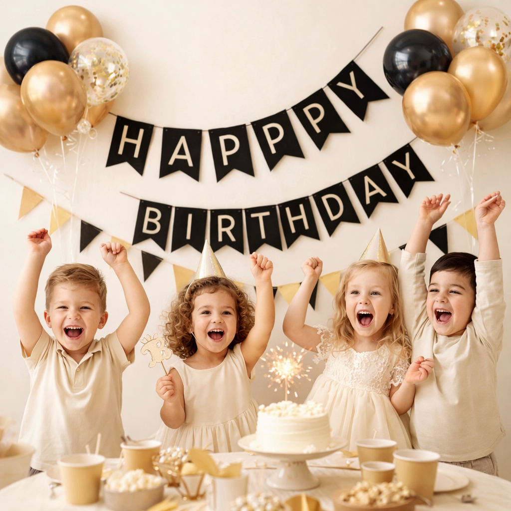 Premium Black and Gold Happy Birthday Banner – Classic Cardstock Pennant Bunting for Boys, Girls & Adults Birthday Party Decorations Pack of 5 6