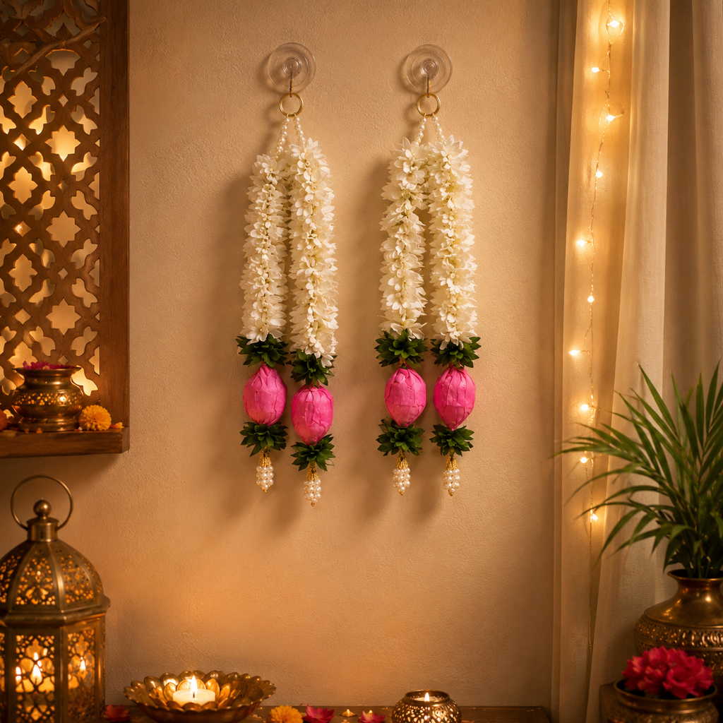 Artificial Jasmine & Pink Lotus Bud Hanging Garlands, 40cm Decorative Toran for Main Door, Wall, Pooja Mandir, Wedding & Festive Home Decor Items (Pack of 4)