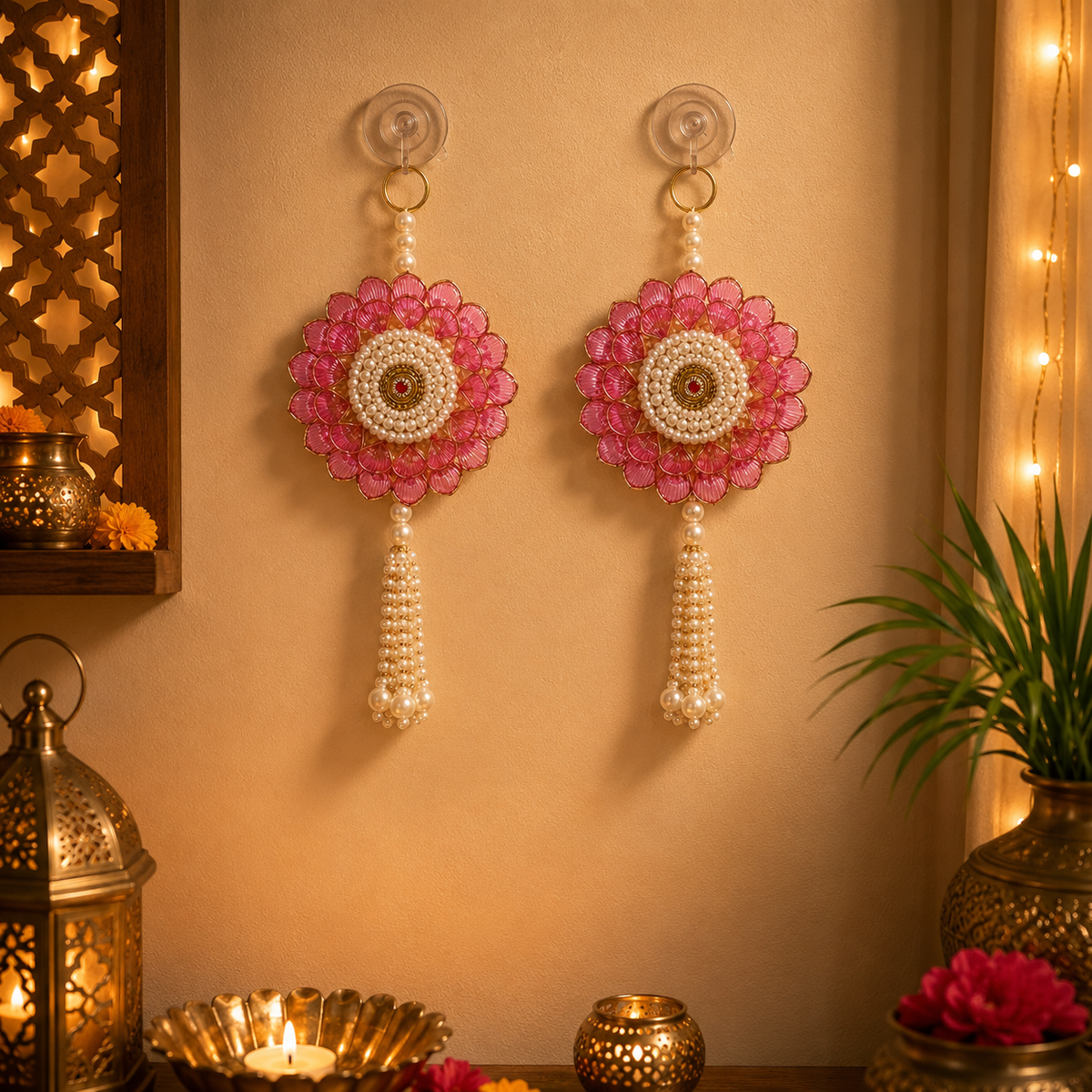 Decorative Lotus Flower Wall Hanging for Home Decor, 23 cm Traditional Toran for Main Entrance Door, Living Room, Pooja Mandir, and Festive Decoration (Set of 2)