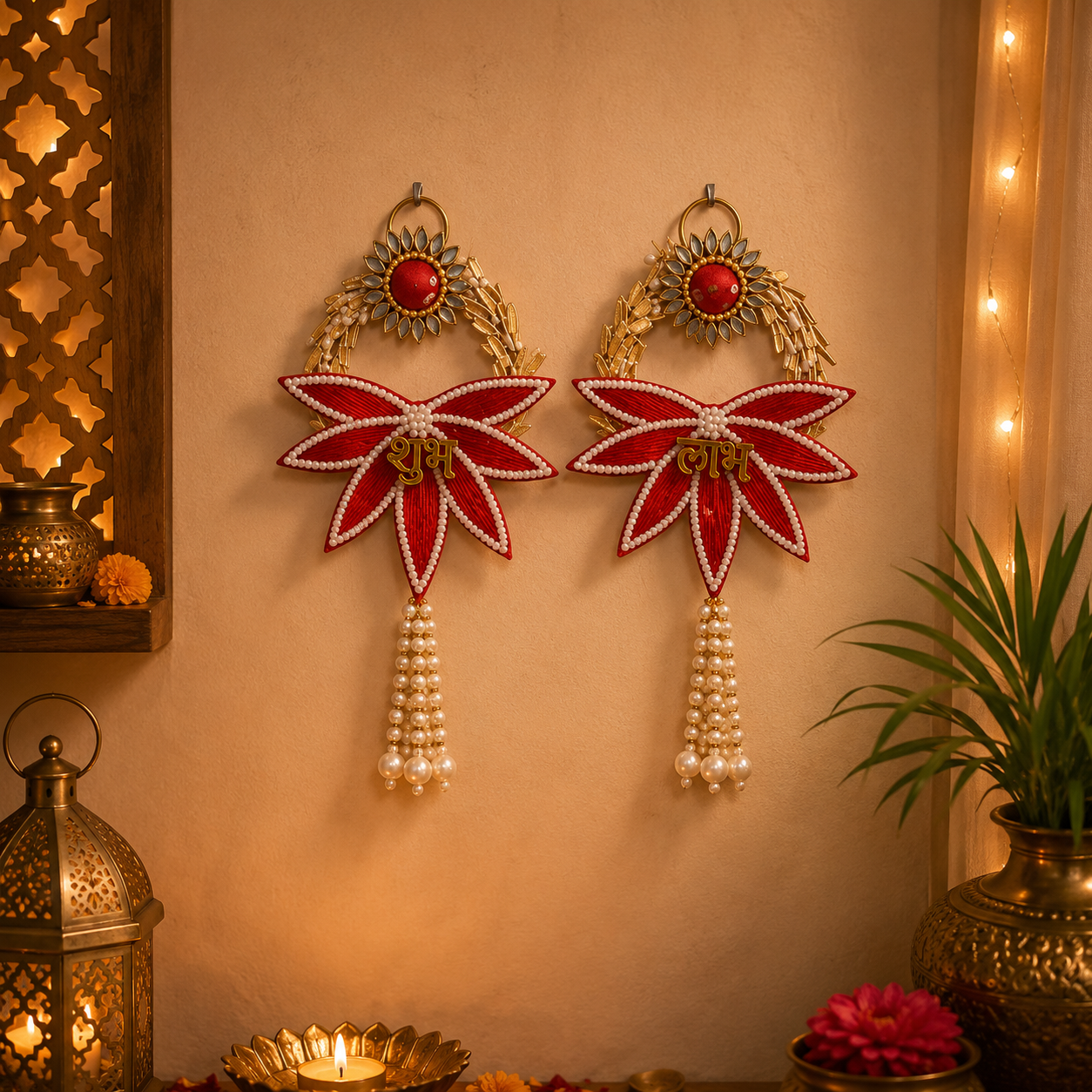 Shubh Labh Decorative Wall Hanging for Home Decor, 20 cm Traditional Toran for Main Entrance Door, Pooja Mandir, Living Room, and Festival Decoration (Set of 2)