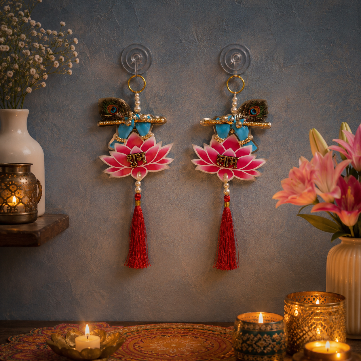 Shubh Labh Decorative Wall Hanging for Home Decor, 23 cm Traditional Toran for Main Entrance Door, Pooja Mandir, Living Room, and Festival Decoration (Set of 2)