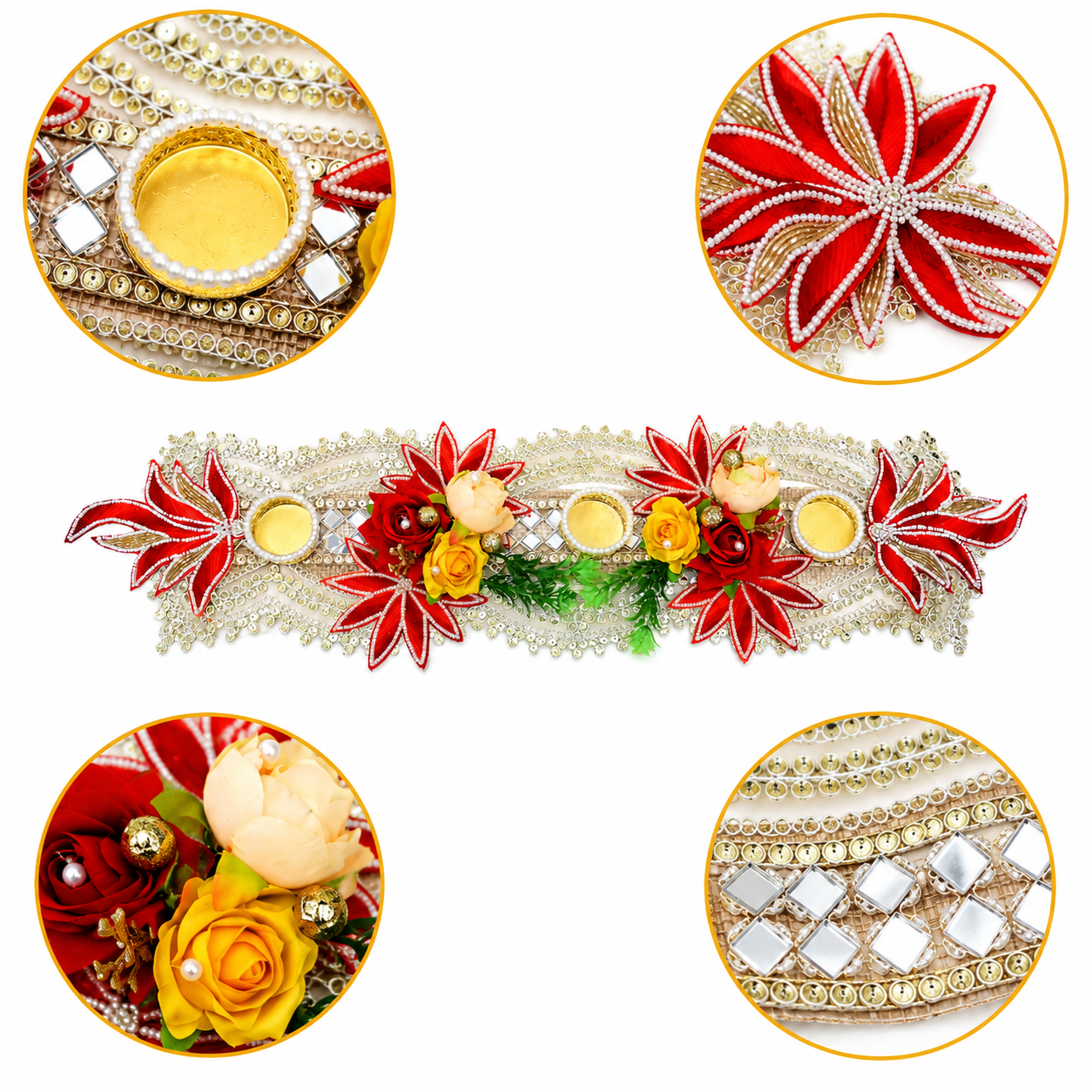 Decorative Tealight Candle Holder Table Runner for Home Decor – Handcrafted Floral Diya Stand with Mirror Work and Pearls for Diwali, Pooja, and Festive Gifting (64 cm)