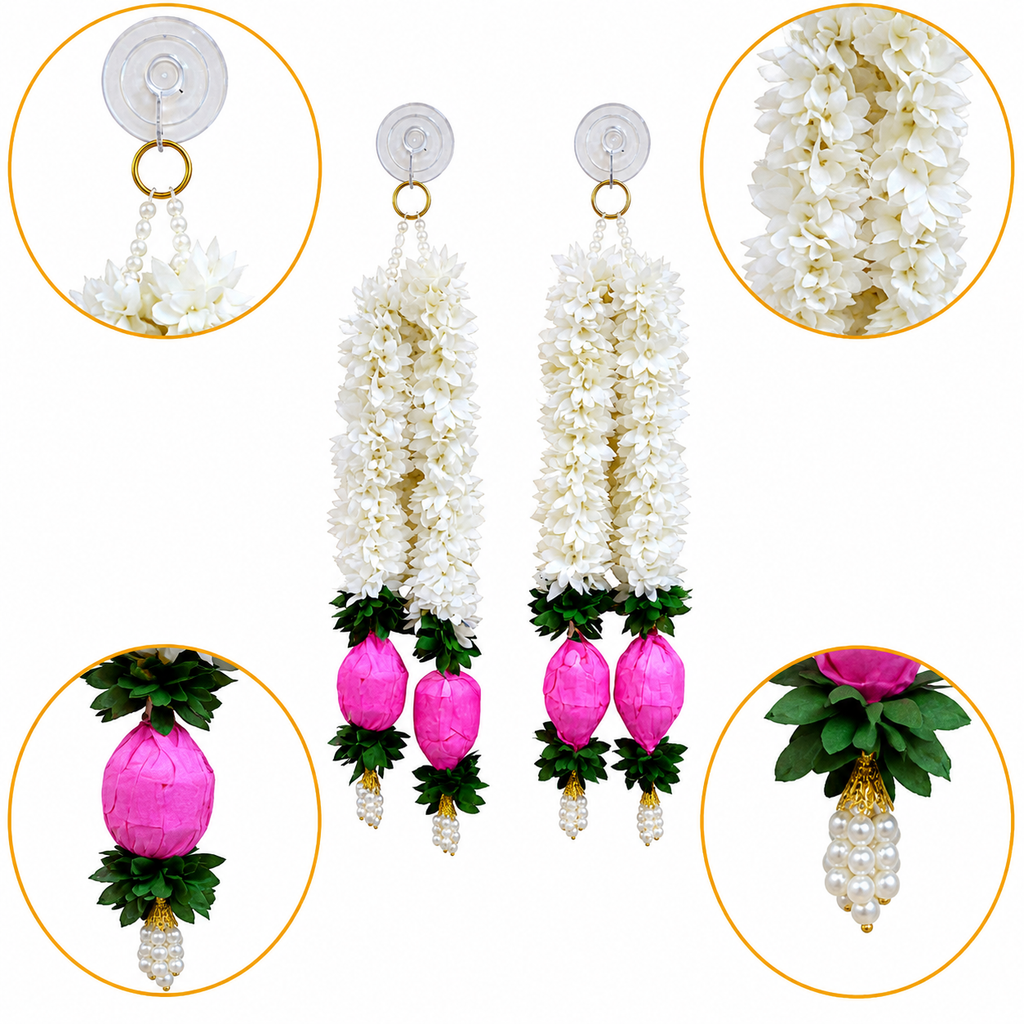 Artificial Jasmine & Pink Lotus Bud Hanging Garlands, 40cm Decorative Toran for Main Door, Wall, Pooja Mandir, Wedding & Festive Home Decor Items (Pack of 4)