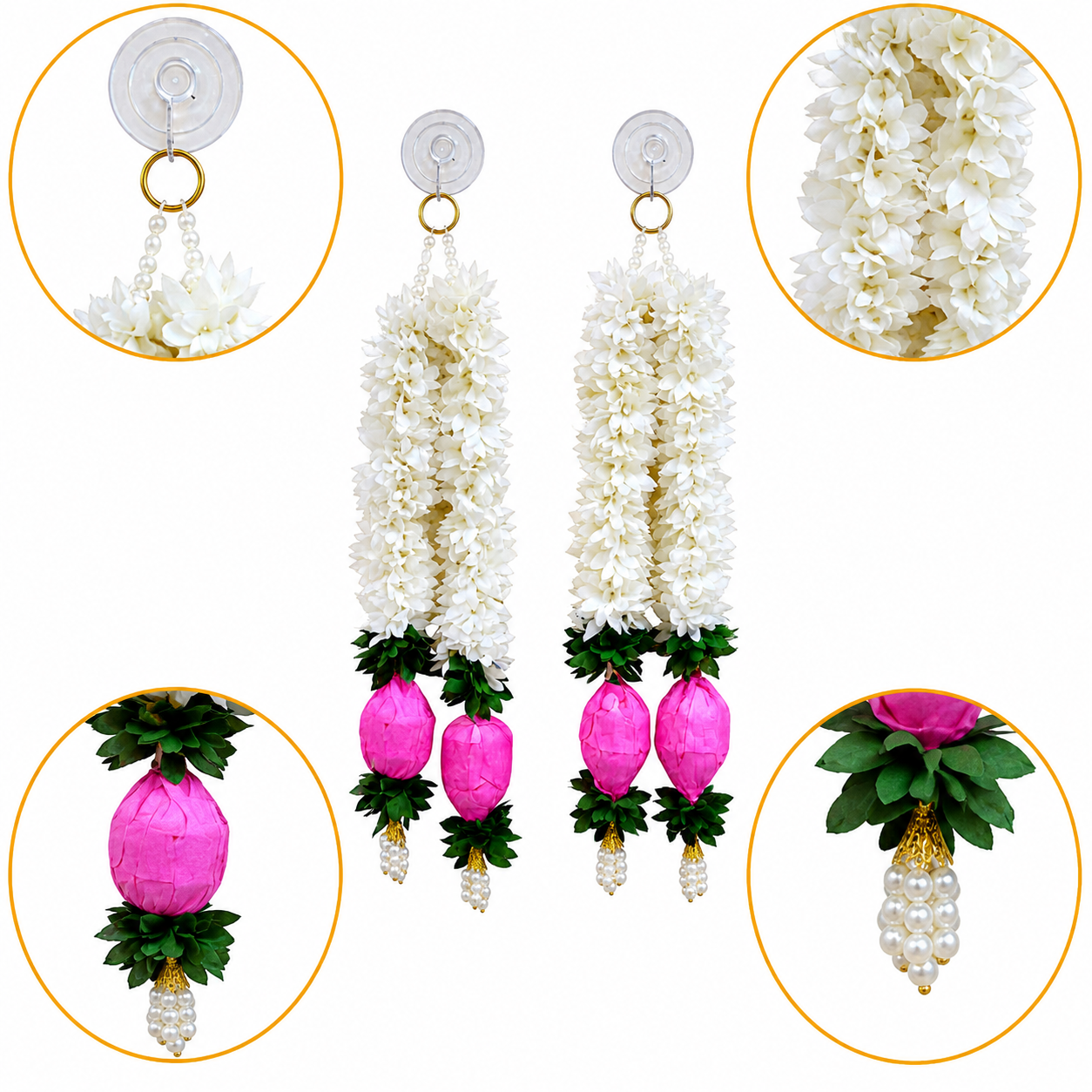 Artificial Jasmine & Pink Lotus Bud Hanging Garlands, 40cm Decorative Toran for Main Door, Wall, Pooja Mandir, Wedding & Festive Home Decor Items (Pack of 4)