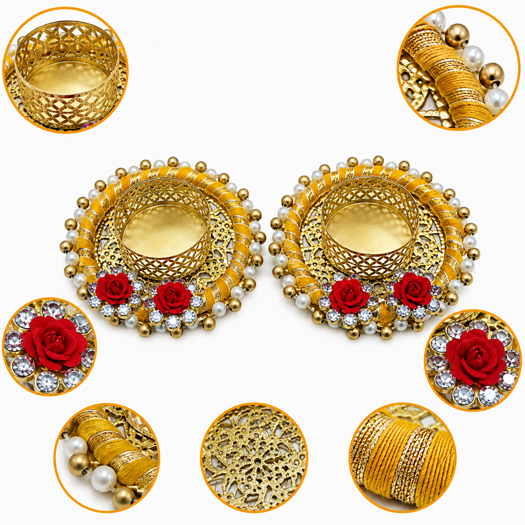 Decorative Tealight Candle Holders - Set of 2, Yellow Thread & Gold Metal Design with Red Roses, Handcrafted Diya for Diwali Decoration, Pooja Mandir, Table Centerpiece