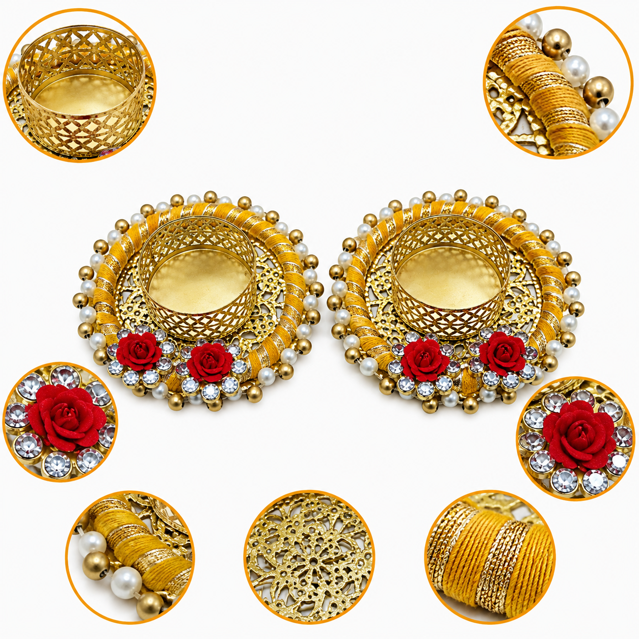 Decorative Tealight Candle Holders - Set of 2, Yellow Thread & Gold Metal Design with Red Roses, Handcrafted Diya for Diwali Decoration, Pooja Mandir, Table Centerpiece