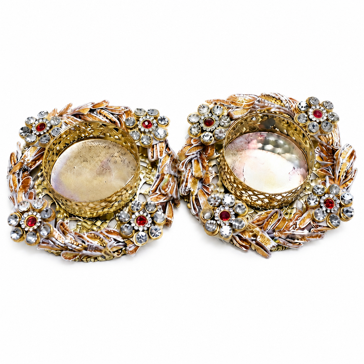 Decorative Tealight Candle Holder Set for Home Decor – Handcrafted Metal Diya Stand with Stone Embellishments for Diwali, Pooja, and Festive Gifting (Set of 2, 11 cm)