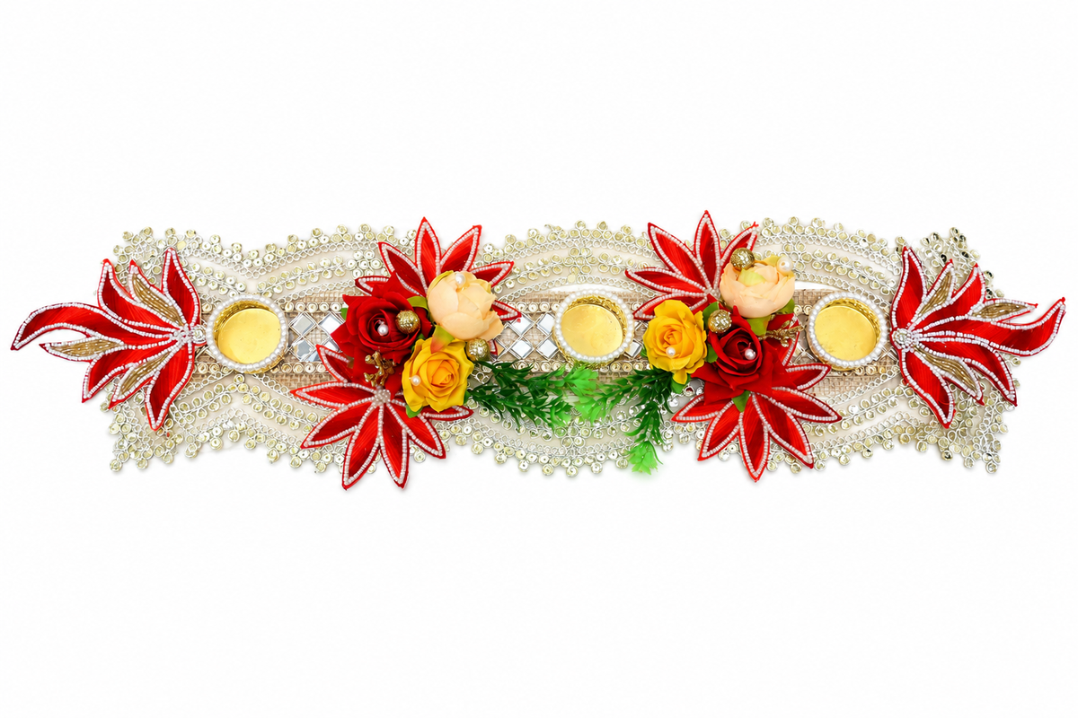 Decorative Tealight Candle Holder Table Runner for Home Decor – Handcrafted Floral Diya Stand with Mirror Work and Pearls for Diwali, Pooja, and Festive Gifting (64 cm)