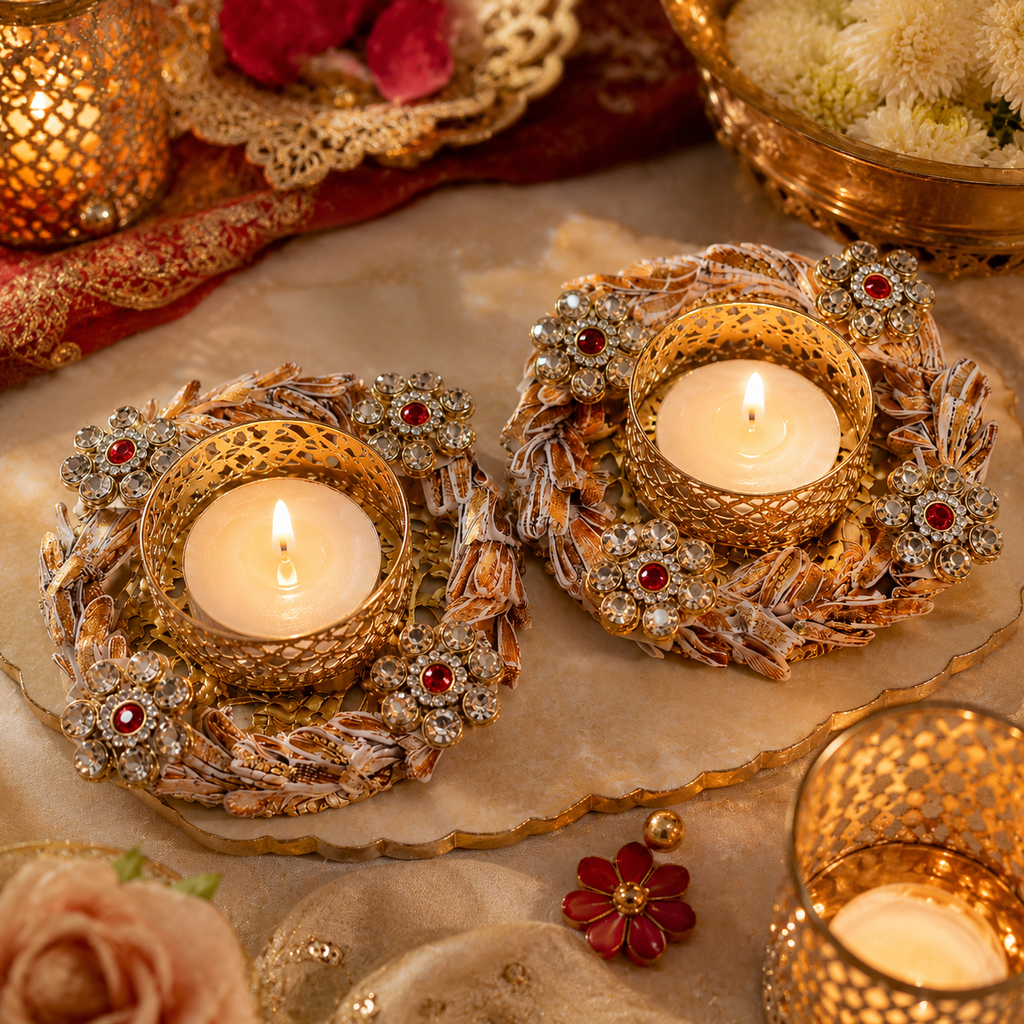 Decorative Tealight Candle Holder Set for Home Decor – Handcrafted Metal Diya Stand with Stone Embellishments for Diwali, Pooja, and Festive Gifting (Set of 2, 11 cm)