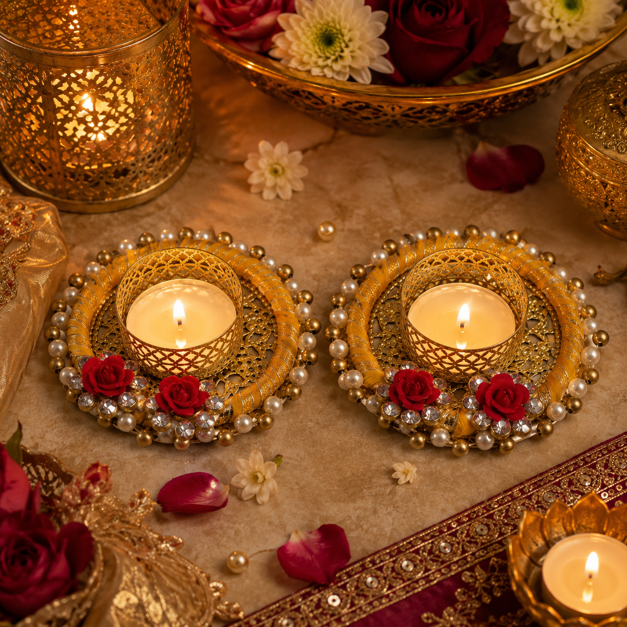 Decorative Tealight Candle Holders - Set of 2, Yellow Thread & Gold Metal Design with Red Roses, Handcrafted Diya for Diwali Decoration, Pooja Mandir, Table Centerpiece