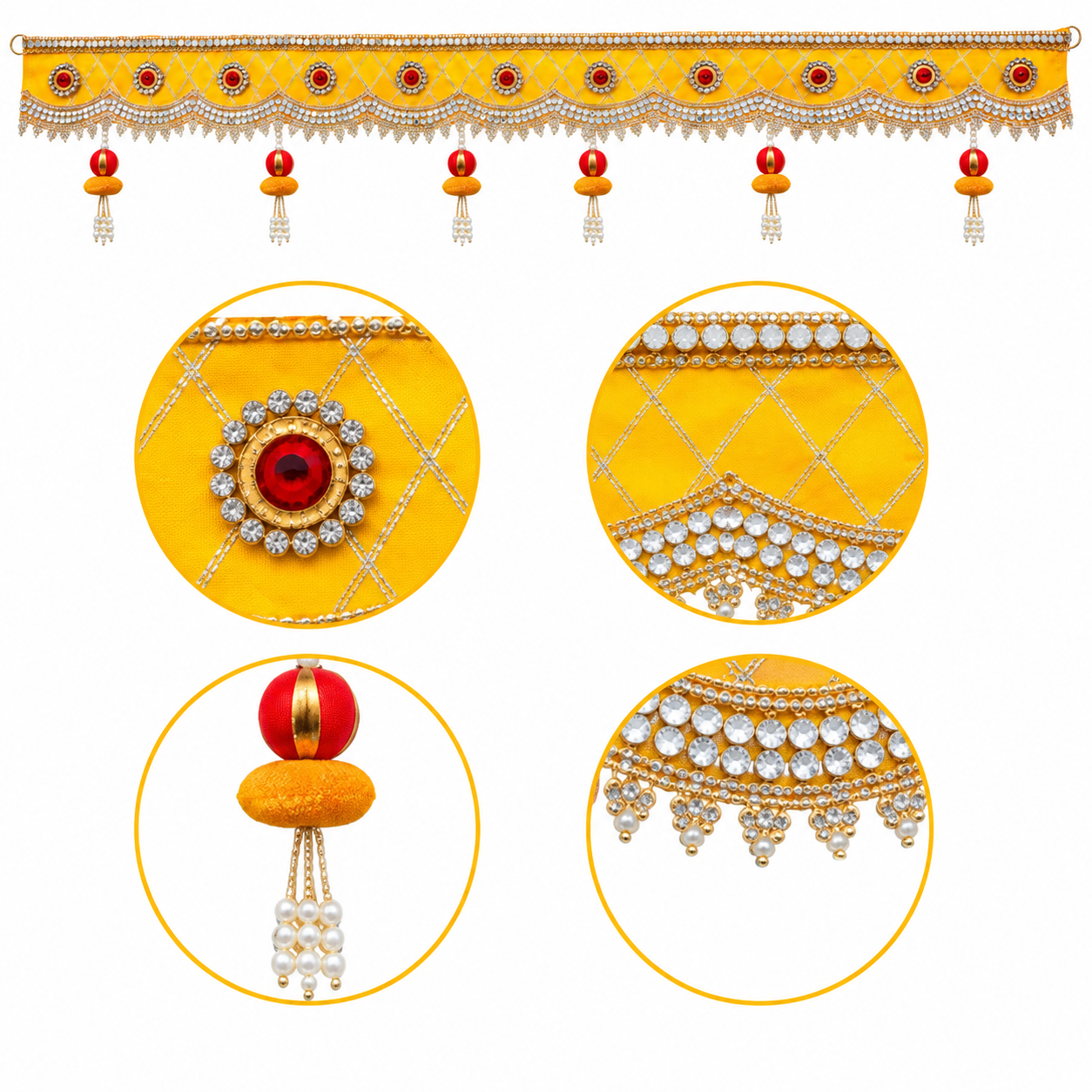 Handmade Decorative Yellow Door Toran - 105 cm Traditional Bandhanwar with Red Stones, Crystal Work & Pearl Tassels for Home, Pooja Room & Festive Decor