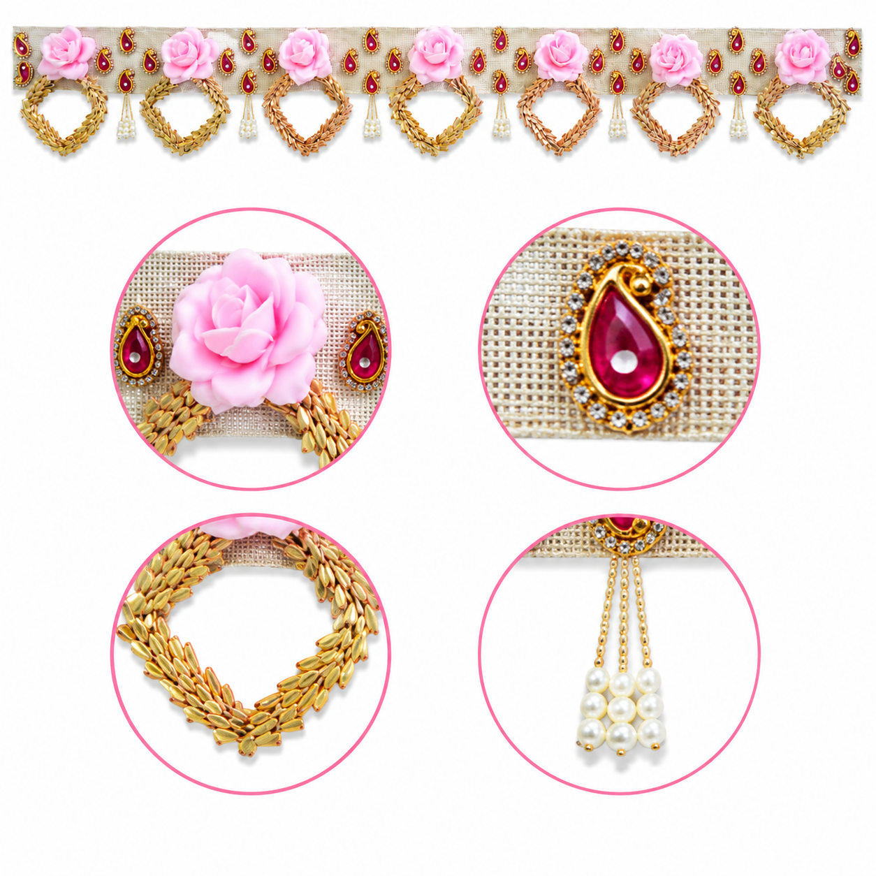 Handmade Decorative Door Toran - 100 cm Traditional Bandhanwar with Pink Floral Accents, Pearl Tassels, and Stone Work for Main Entrance, Pooja Room, and Festive Home Decor