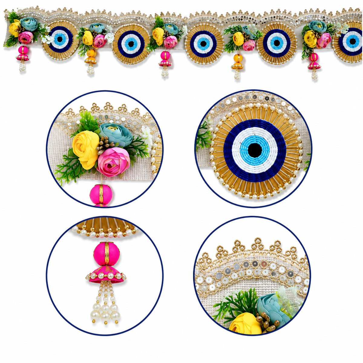 Handmade Decorative Evil Eye Door Toran - 100 cm Traditional Bandhanwar with Floral Accents, Colorful Tassels, and Mirror Work for Main Entrance, Pooja Room & Festive Home Decor