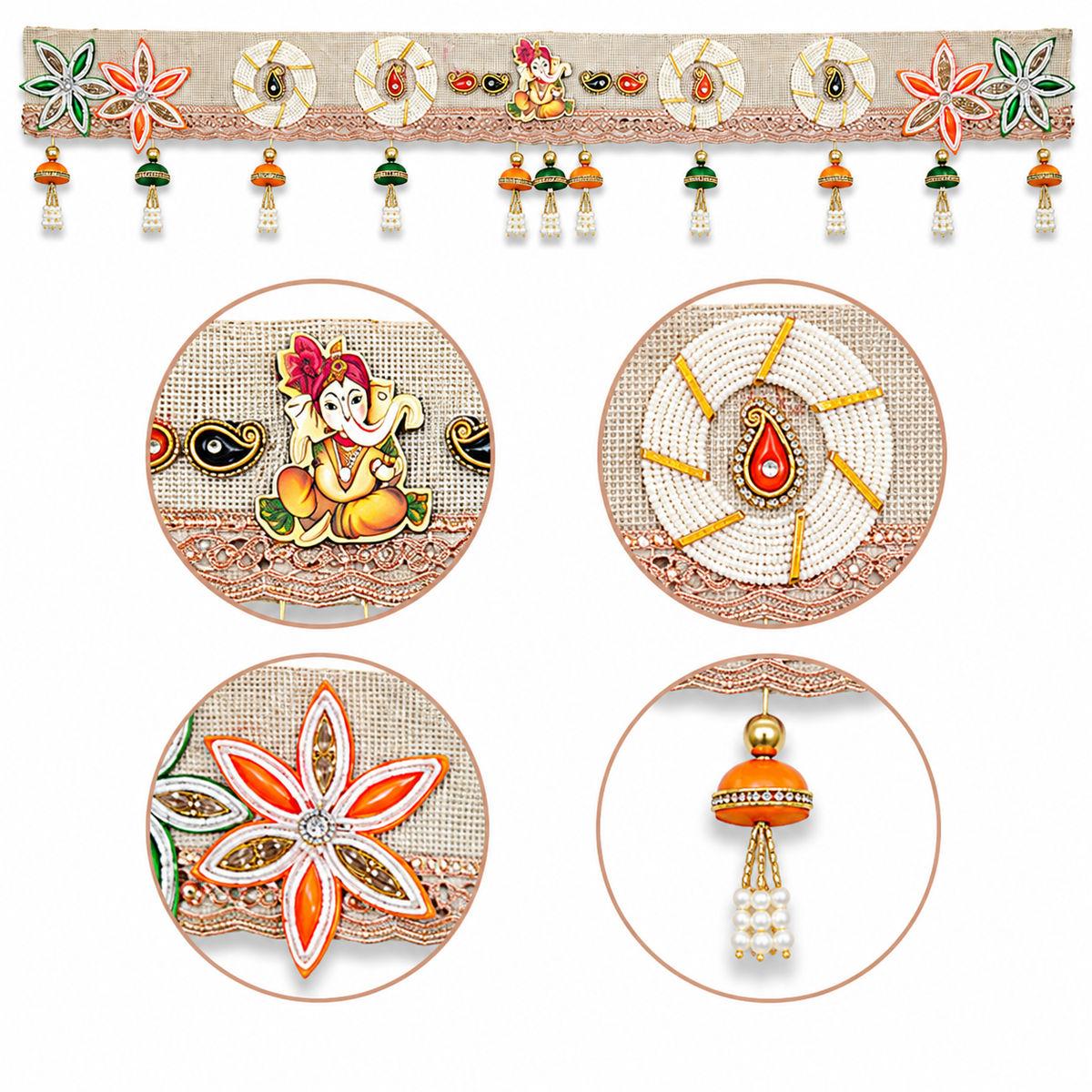 Handmade Decorative Lord Ganesha Door Toran - 100 cm Traditional Bandhanwar with Floral Accents, Colorful Tassels, and Mirror Work for Main Entrance, Pooja Room & Festive Home Decor