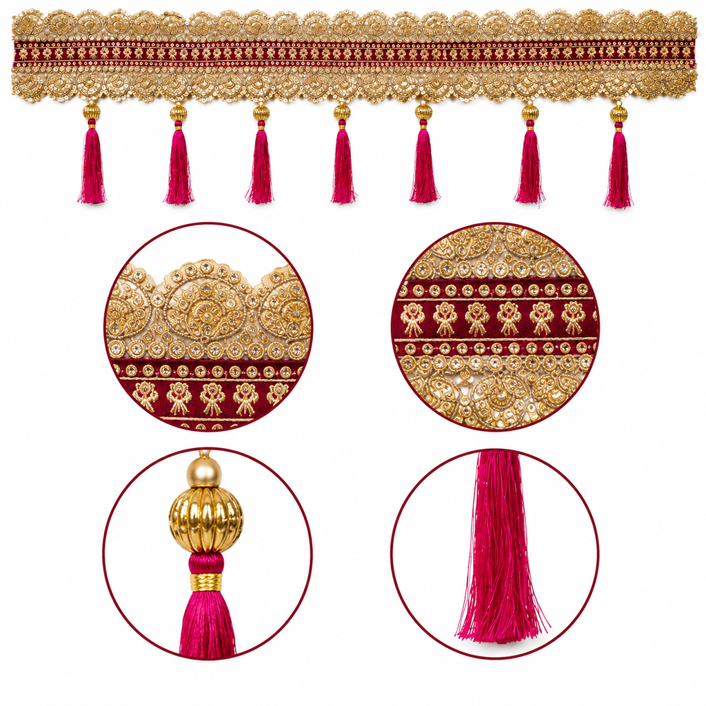 Handmade Decorative Toran for Home Entrance – 100 cm Embroidered Door Hanging with Tassels, Ethnic Traditional Wall Decor for Festivals, Weddings, and Pooja Room (Maroon & Gold)
