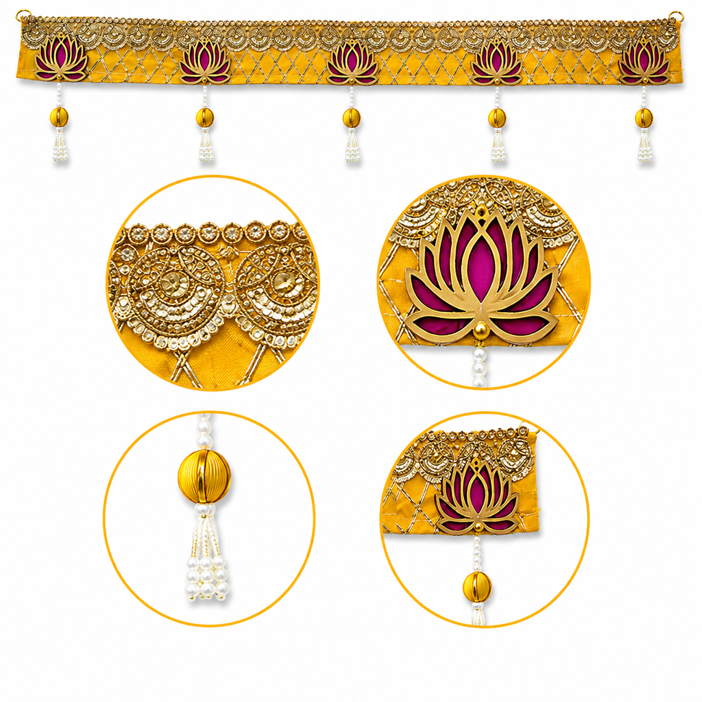 Handmade Decorative Lotus Door Toran - 100 cm Traditional Yellow & Gold Bandhanwar with Pearl Accents for Main Entrance, Pooja Room, and Festive Home Decor
