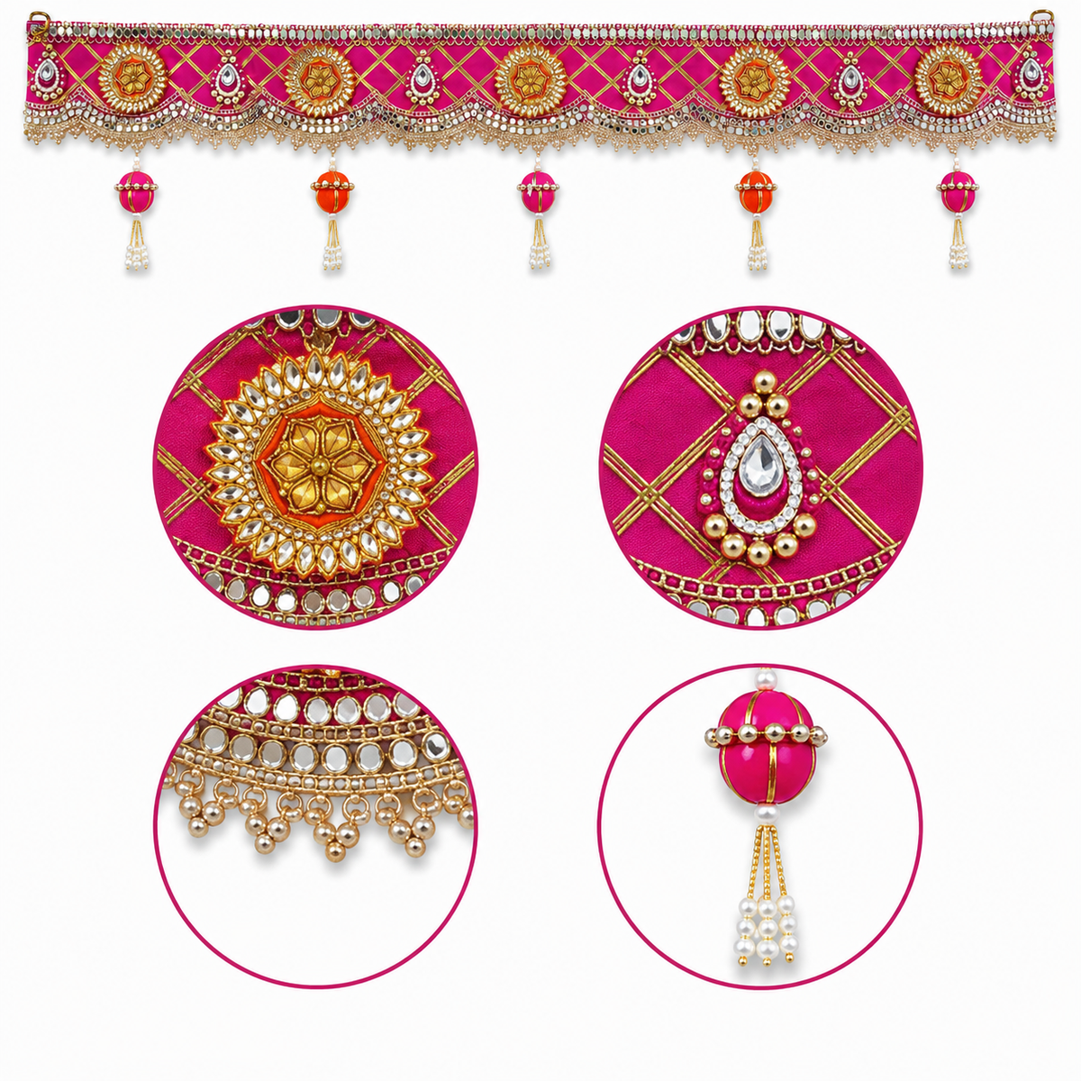 Handmade Decorative Door Toran - 100 cm Traditional Pink & Gold Bandhanwar with Mirror Work, Floral Accents, and Pearl Tassels for Main Entrance, Pooja Room, and Festive Home Decor