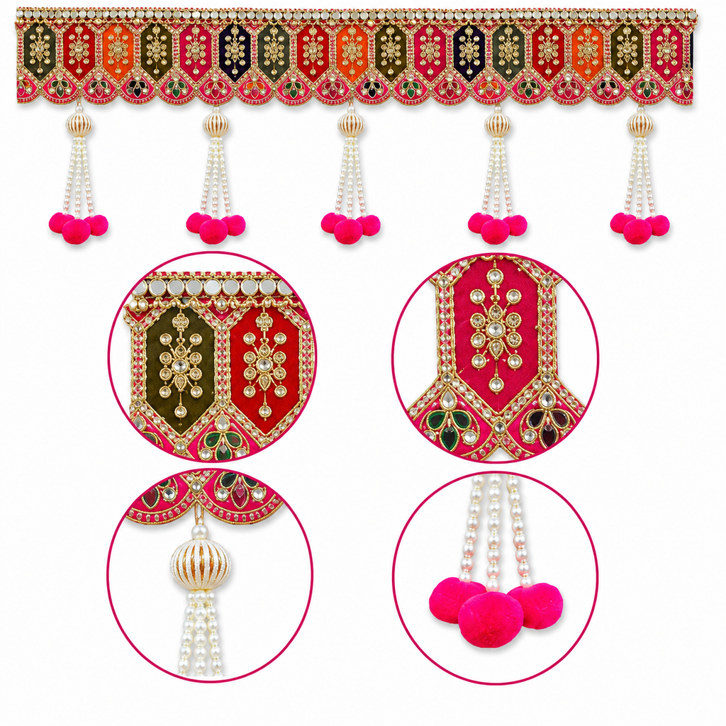 Handmade Decorative Toran for Door Hanging – Traditional Embroidered Bandhanwar with Pearl Tassels & Pom-Poms, Ethnic Wall Decor for Diwali, Pooja Room, 100cm