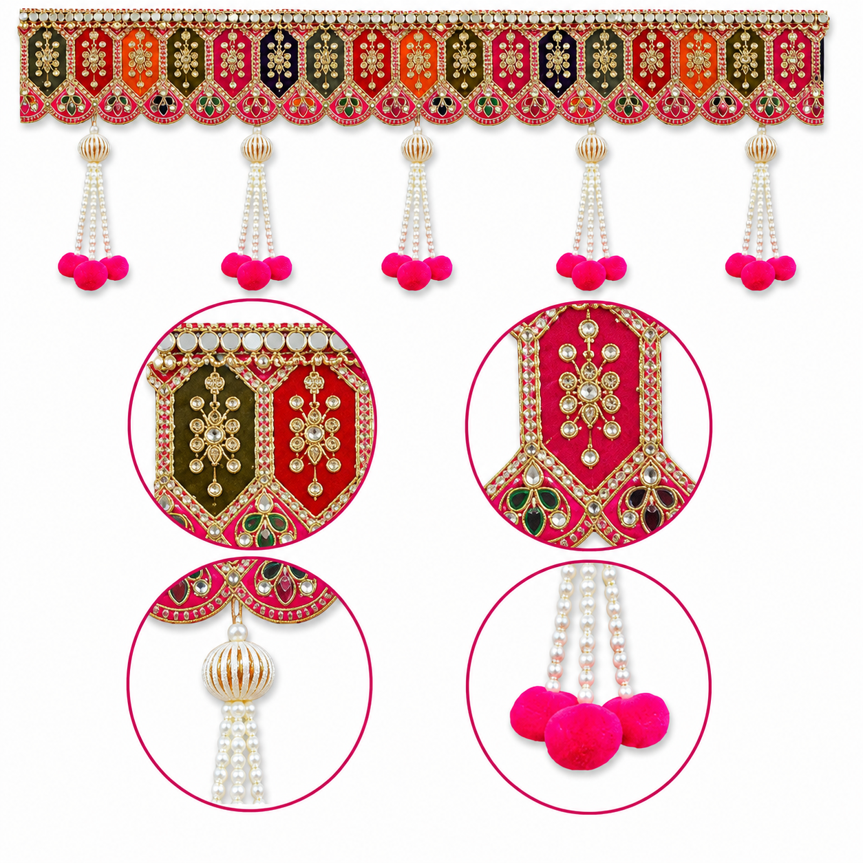 Handmade Decorative Toran for Door Hanging – Traditional Embroidered Bandhanwar with Pearl Tassels & Pom-Poms, Ethnic Wall Decor for Diwali, Pooja Room, 100cm