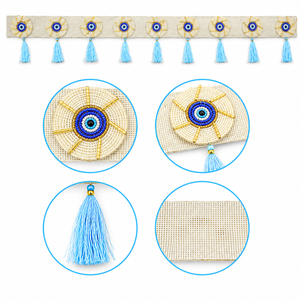 Evil Eye Bandhanwar Door Hanging – 100 cm Reusable Decorative Toran with Protective Eye Design & Blue Tassels, Handcrafted Traditional Valance for Main Entrance, Housewarming & Gift
