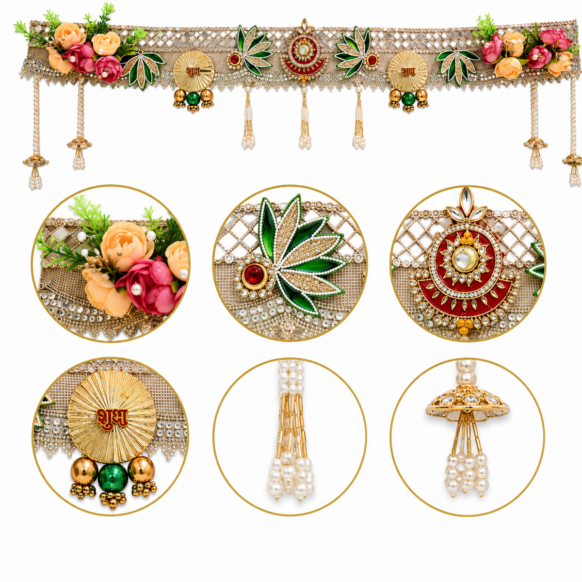Shubh Labh Floral Bandhanwar Door Hanging – 100 cm Reusable Decorative Toran with Traditional Embellishments, Festive, and Wedding Decoration