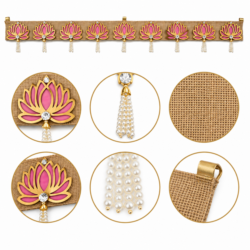 Pink Lotus Bandhanwar Door Hanging – 100 cm Reusable Decorative Toran with Pearl Accents, Handcrafted Ethnic Valance for Main Entrance, Pooja Room, Wedding & Festive Home Decor
