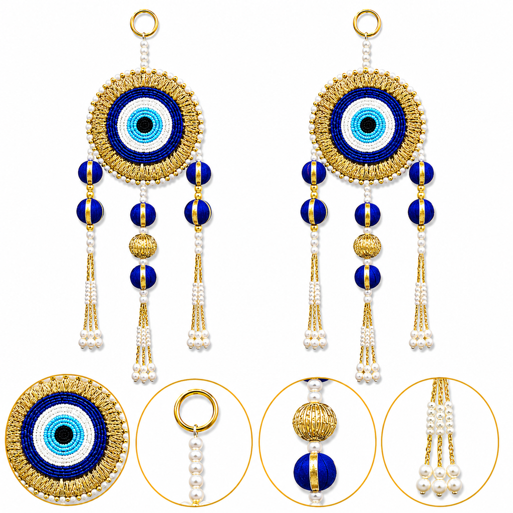 DiaCraft Ethnic Evil Eye Door Hanging – 35 cm Traditional Protective Signage for Entrance, Living Room & Festive Home Decor, Beads & Pearl Tassels, Washable & Long Lasting (Set of 2, Blue)