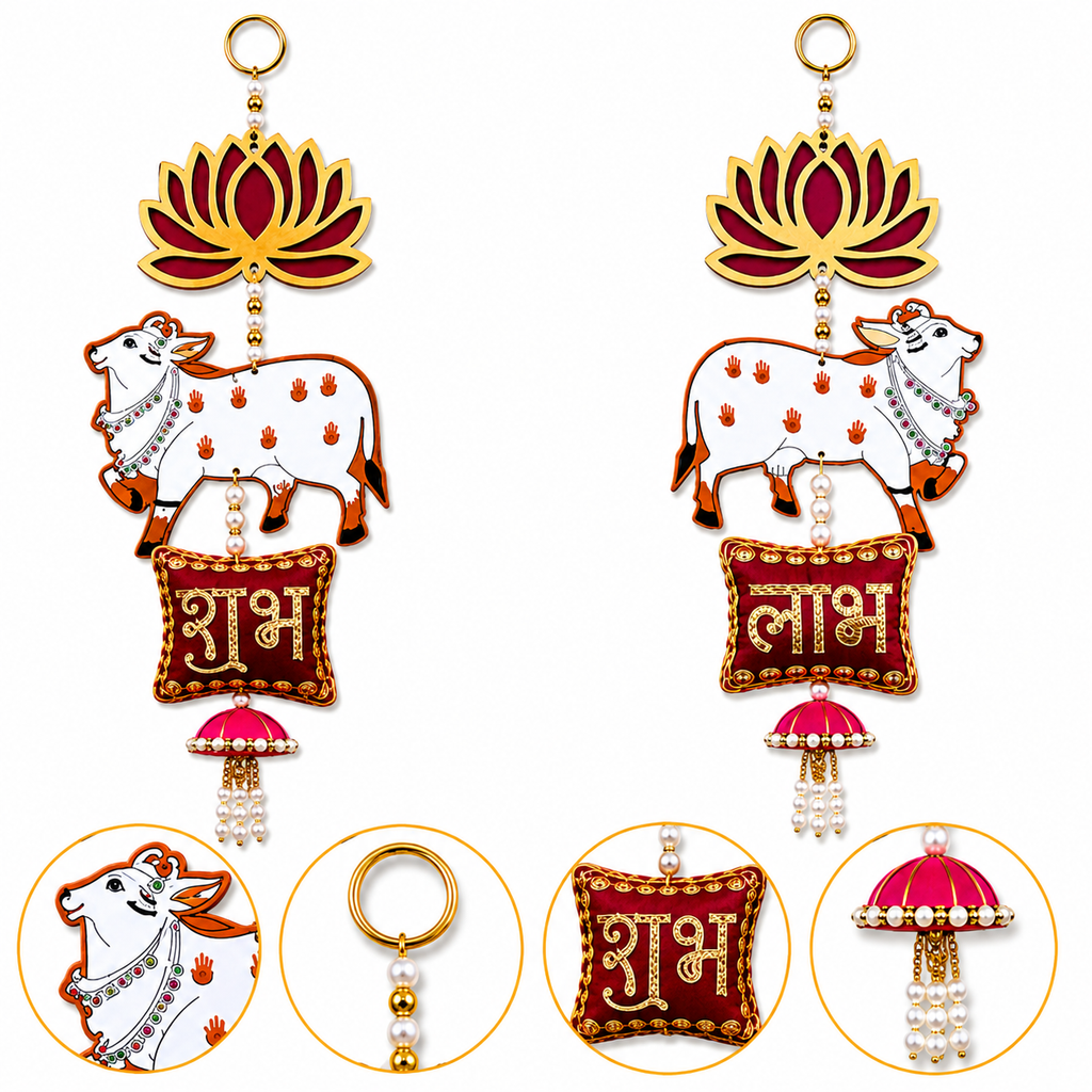 Ethnic Shubh Labh Door Hanging – 30 cm Traditional Decorative Signage for Entrance, Living Room & Festive Home Decor, Washable & Long Lasting (Set of 2)