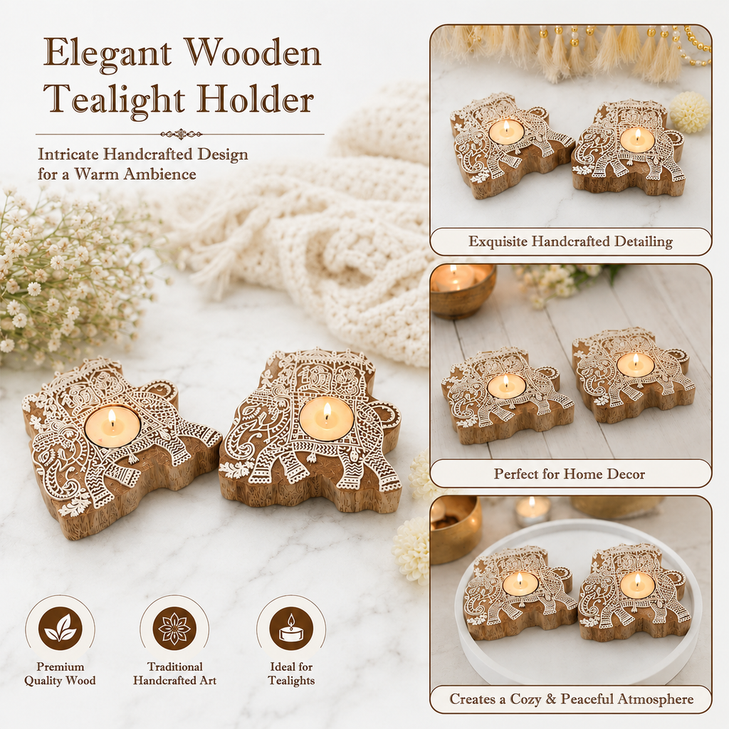 Handcrafted Wooden Elephant Tealight Holder Set (Pack of 2) – Decorative Carved Wood Candle Stand for Home Decor, Table Centerpiece, and Festive Gift (Pack of 2)