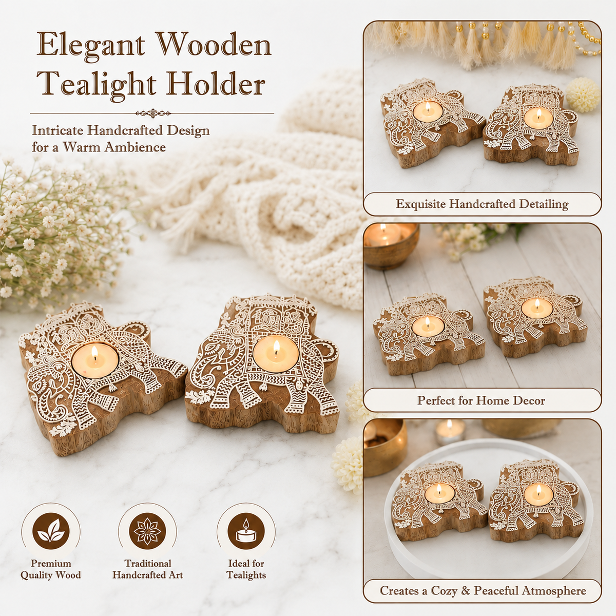 Handcrafted Wooden Elephant Tealight Holder Set (Pack of 2) – Decorative Carved Wood Candle Stand for Home Decor, Table Centerpiece, and Festive Gift (Pack of 2)