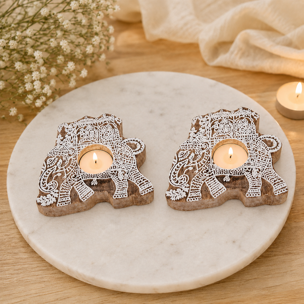 Handcrafted Wooden Elephant Tealight Holder Set (Pack of 2) – Decorative Carved Wood Candle Stand for Home Decor, Table Centerpiece, and Festive Gift (Pack of 2)