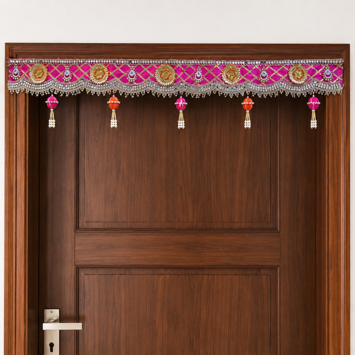 Handmade Decorative Door Toran - 100 cm Traditional Pink & Gold Bandhanwar with Mirror Work, Floral Accents, and Pearl Tassels for Main Entrance, Pooja Room, and Festive Home Decor