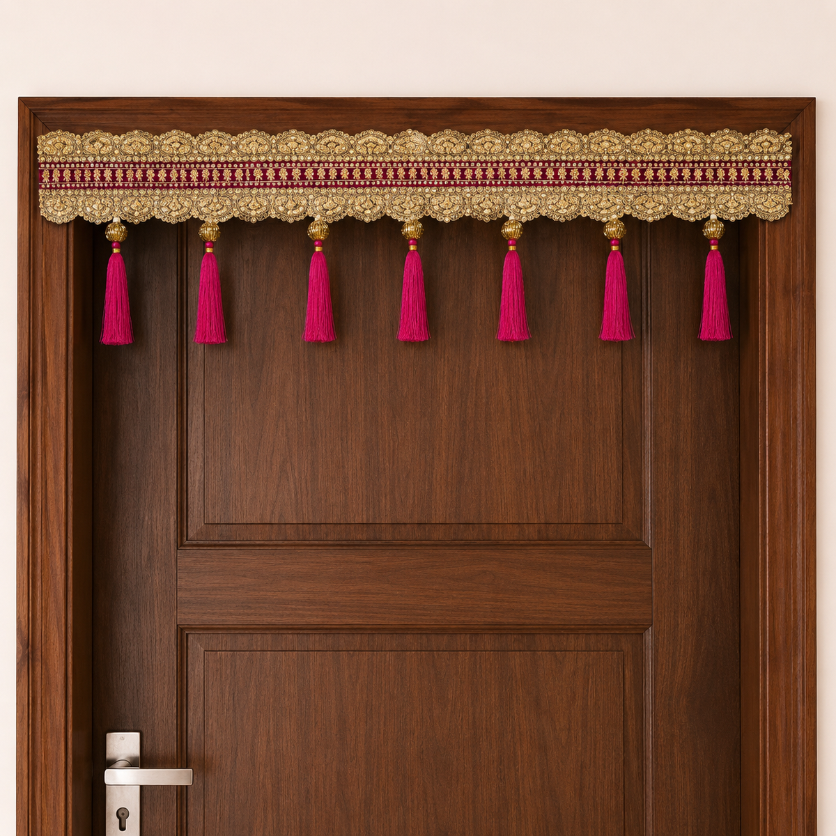 Handmade Decorative Toran for Home Entrance – 100 cm Embroidered Door Hanging with Tassels, Ethnic Traditional Wall Decor for Festivals, Weddings, and Pooja Room (Maroon & Gold)