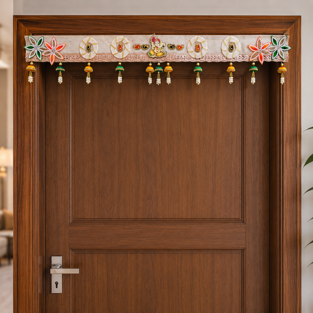 Handmade Decorative Lord Ganesha Door Toran - 100 cm Traditional Bandhanwar with Floral Accents, Colorful Tassels, and Mirror Work for Main Entrance, Pooja Room & Festive Home Decor