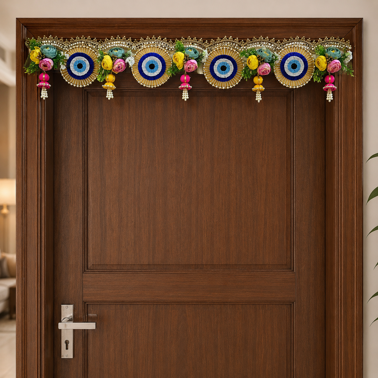 Handmade Decorative Evil Eye Door Toran - 100 cm Traditional Bandhanwar with Floral Accents, Colorful Tassels, and Mirror Work for Main Entrance, Pooja Room & Festive Home Decor