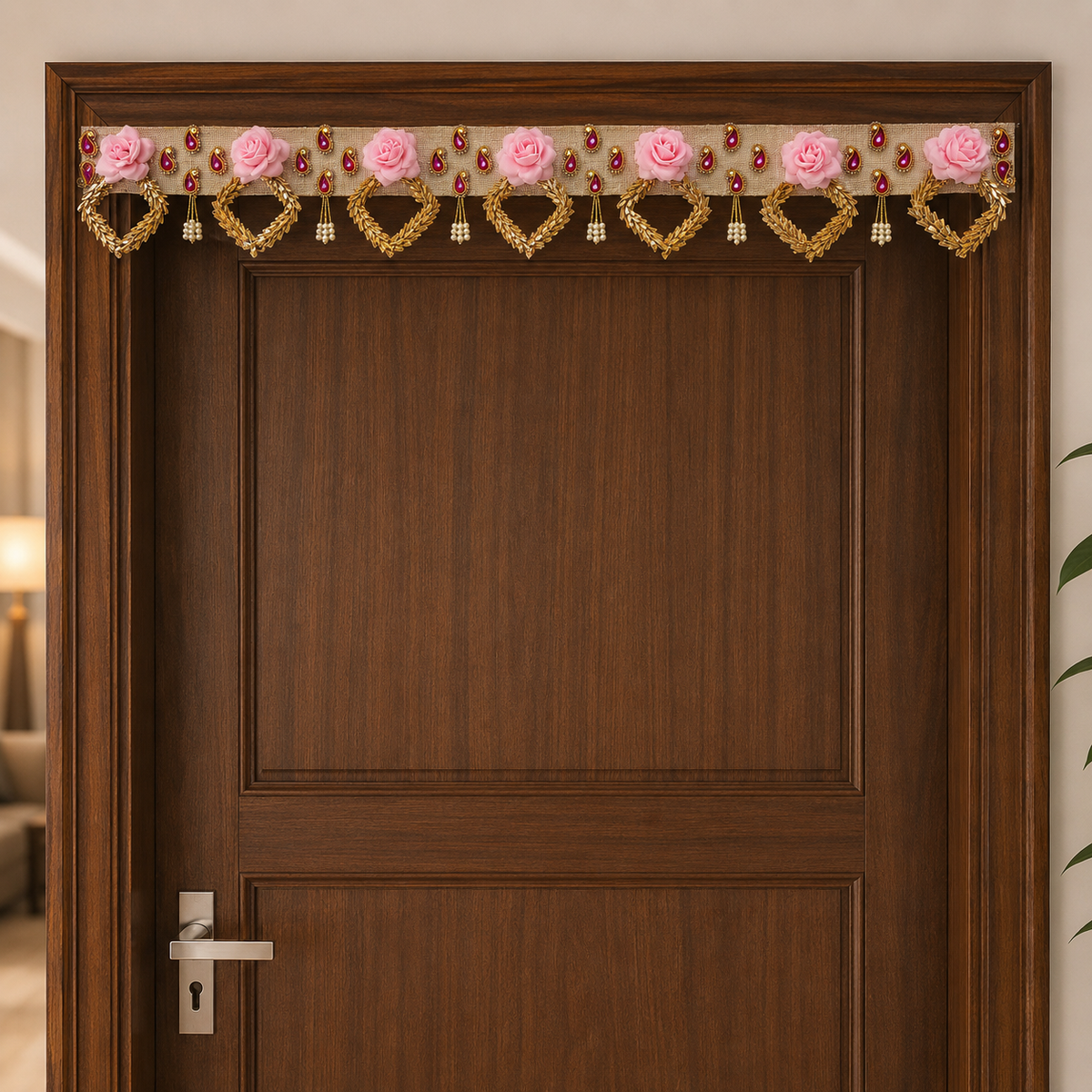 Handmade Decorative Door Toran - 100 cm Traditional Bandhanwar with Pink Floral Accents, Pearl Tassels, and Stone Work for Main Entrance, Pooja Room, and Festive Home Decor