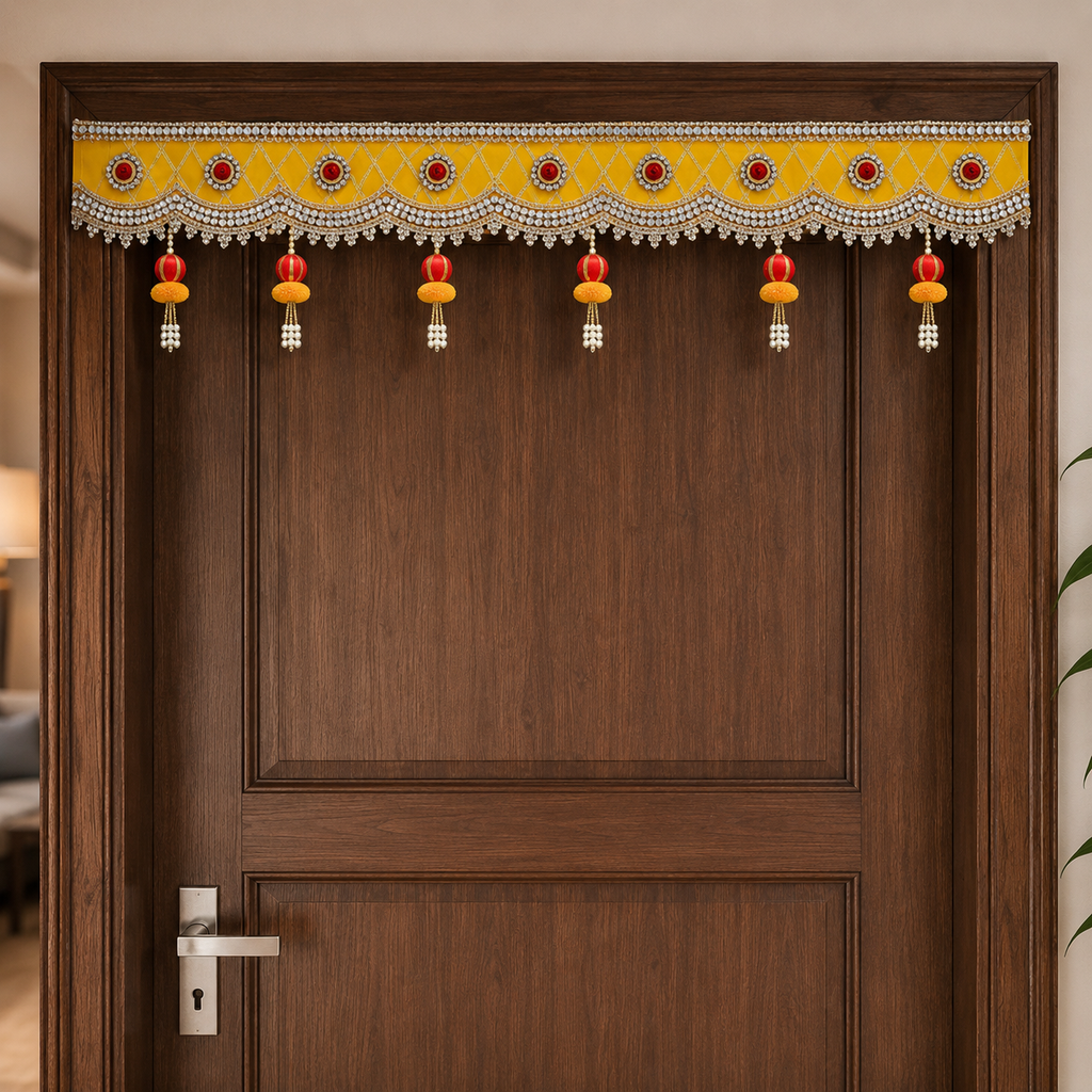 Handmade Decorative Yellow Door Toran - 105 cm Traditional Bandhanwar with Red Stones, Crystal Work & Pearl Tassels for Home, Pooja Room & Festive Decor